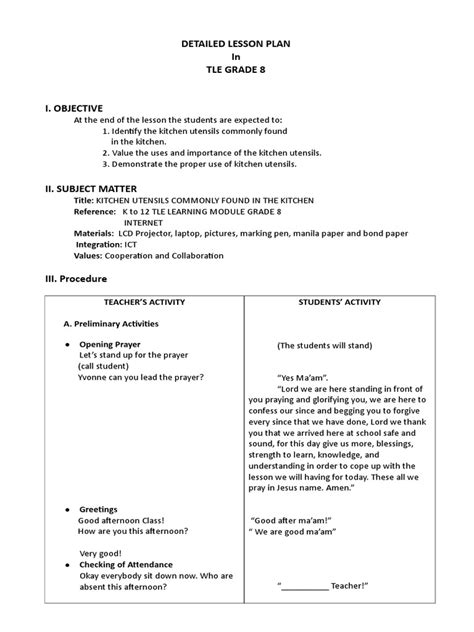 Detailed Lesson Plan In Tle Grade 8 Pdf Spoon Kitchen Utensil