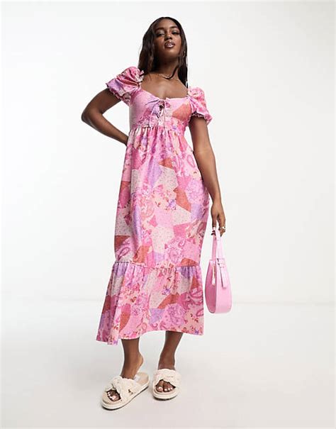 Miss Selfridge Langes Patchwork Kleid In Rosa Mit Schnürung Asos