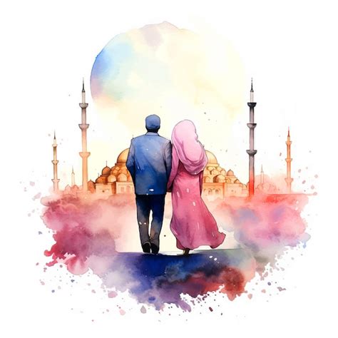 Premium Vector Muslim Couple Walking Towards The Mosque Watercolor Paint