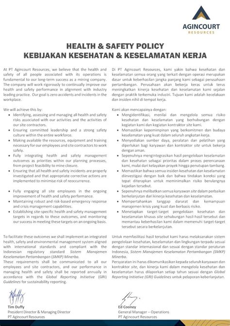 Pdf Kebijakan Kesehatan Dan Keselamatan Kerja Pt Agincourt Resources