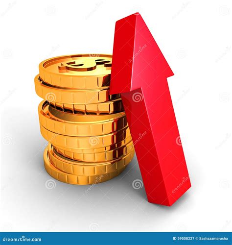 Golden Coins Bars With Red Rising Up Arrow Stock Illustration