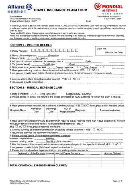 Travel Insurance Claim Form printable pdf download