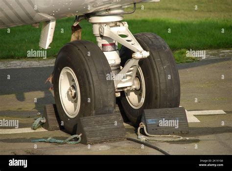 Landing gear of a British Aerospace BAE146 Avro RJX, Manchester Airport, United Kingdom, UK ...