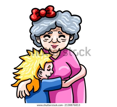 Digital Illustration Cute Grandma Granddaughter Hugging Stock