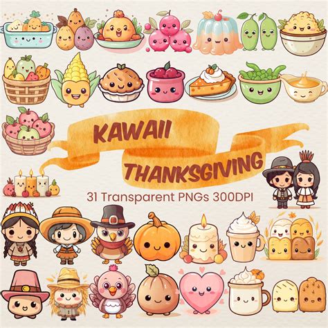 Kawaii Thanksgiving Cute Clipart Bundle Cute Fall Pumpkin Spice PNG