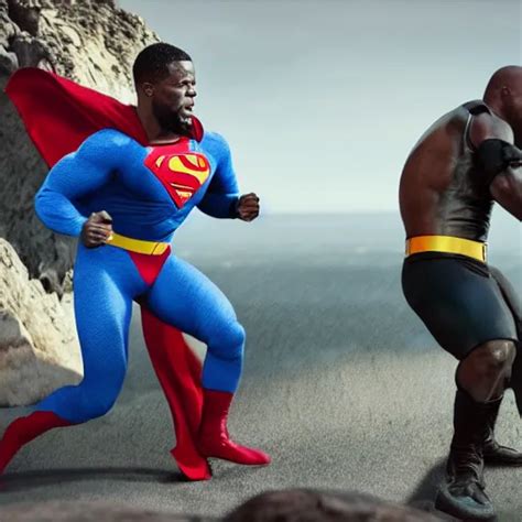 Kevin Hart Beating Up The Rock In A Superman Costume Stable Diffusion