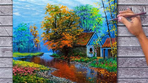 Acrylic Landscape Painting Time Lapse Riverside House Fine Art