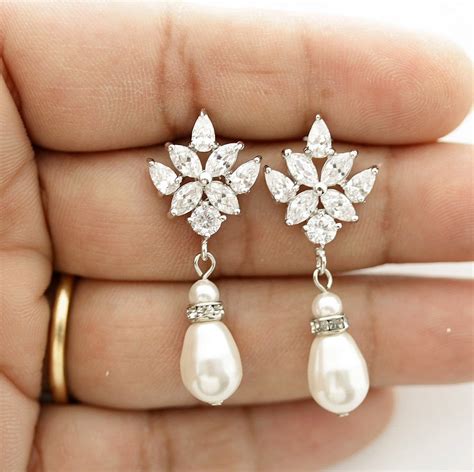 Crystal Bridal Earrings Pearl Drop Wedding Earrings Bridesmaid Etsy