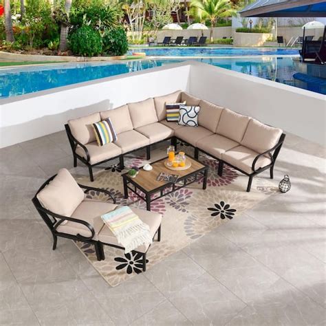 Patio Festival Piece Metal Outdoor Sectional Set With Beige Cushions