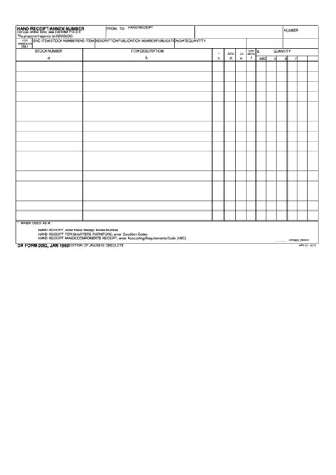 Fillable Da Form 2062 - Hand Receipt/annex Number, Jan 82 printable pdf ...