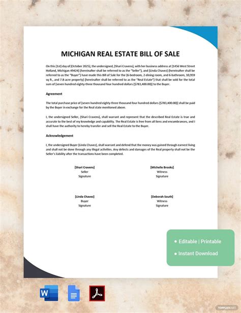 Michigan Real Estate Bill Of Sale Template In Pdf Word Google Docs