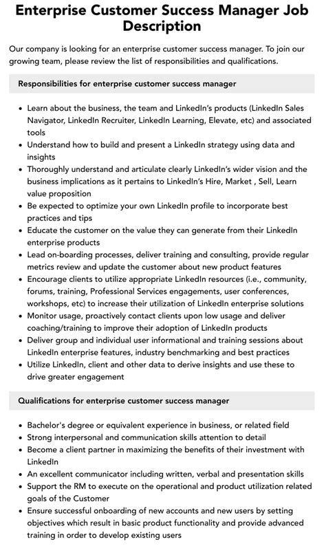 Enterprise Customer Success Manager Job Description Velvet Jobs