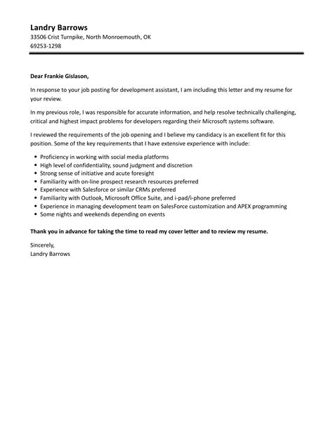 Development Assistant Cover Letter Velvet Jobs