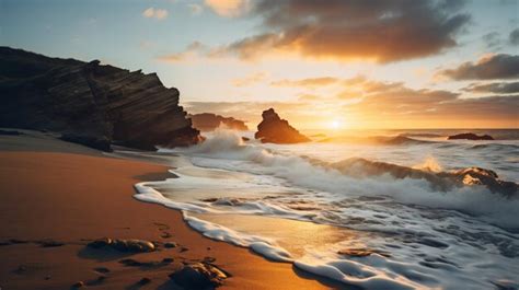 Premium AI Image | a sunset over a beach with waves crashing