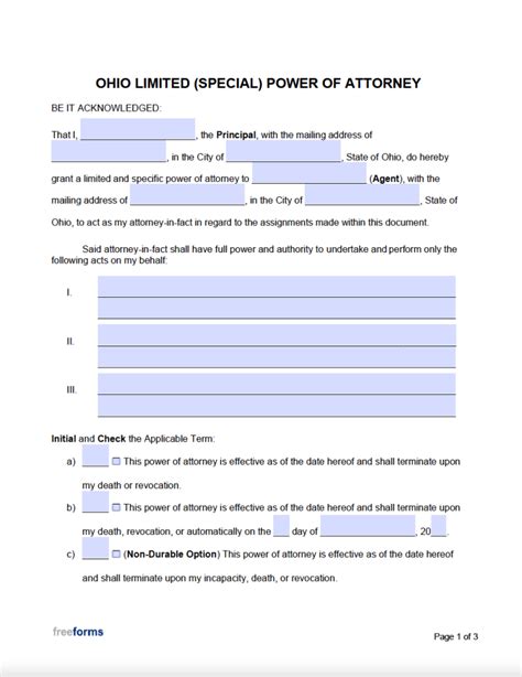 Free Ohio Limited Special Power Of Attorney Form Pdf Word