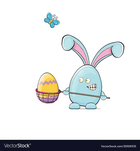 Cartoon funny blue easter bunny holding Royalty Free Vector