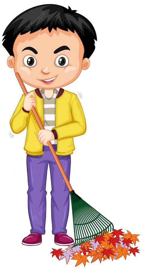 Cute Boy Raking Dried Leaves Illustration Royalty Free SVG Clip Art