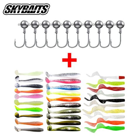 Skybaits Silicone Worm Fishing Lure Set With Crank Jig Head Hook