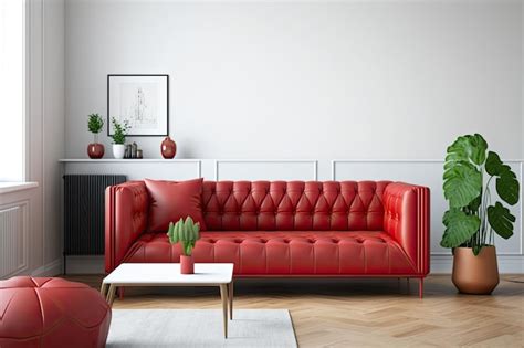 Premium Photo Red Leather Couch Wooden Floors And White Walls In