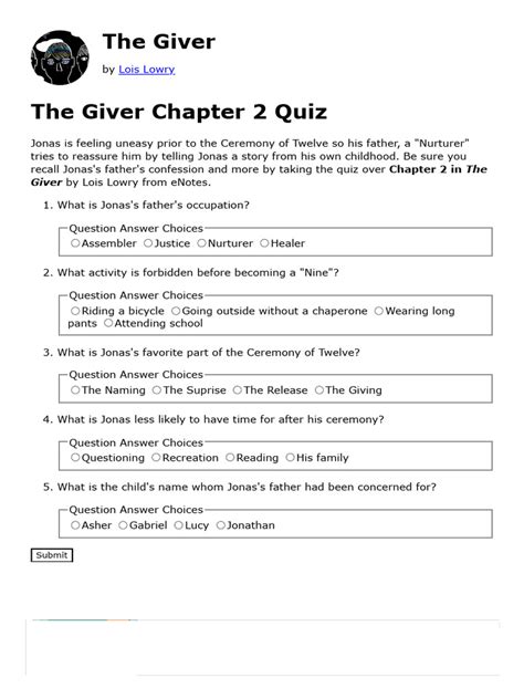 The Giver Chapter 2 Quiz Pdf