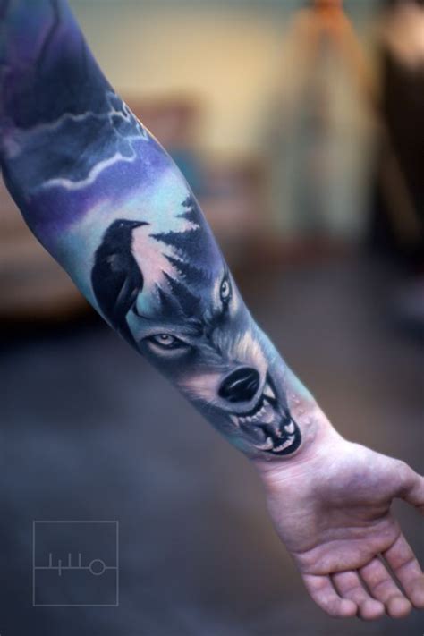 Modern Style Colored Sleeve Tattoo Of Evil Wolf With Crow