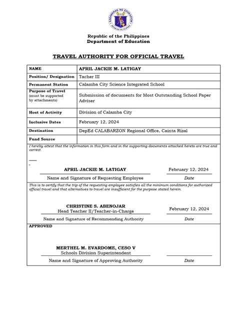 annex  travel authority  official travel standard format sir