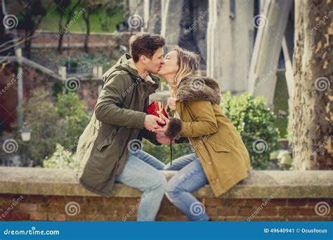 Young Beautiful Couple In Love Celebrating Valentines Day Presents And