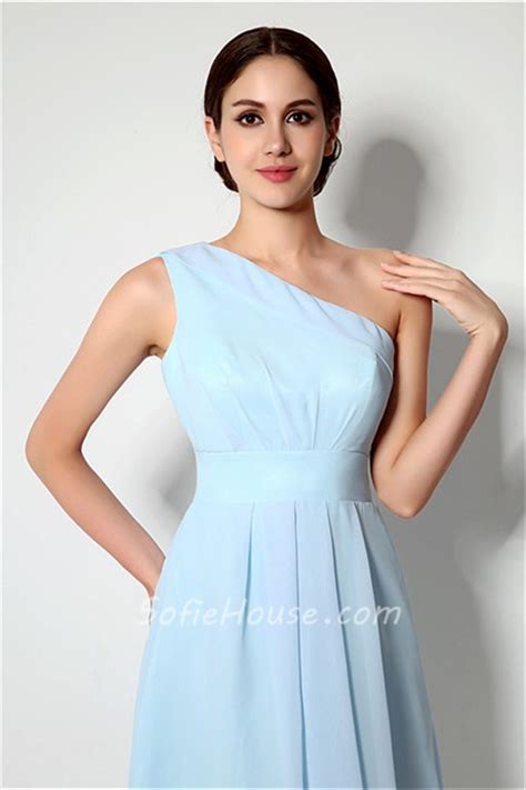 A Line One Shoulder Short Light Blue Chiffon Bridesmaid Party Dress