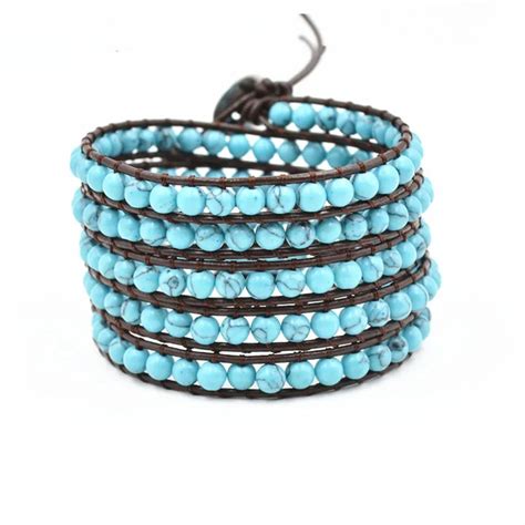 Vintage Semi Precious Stone Bead Bracelet Boho Multilayer Leather Handmade Jewelry Handmade Men