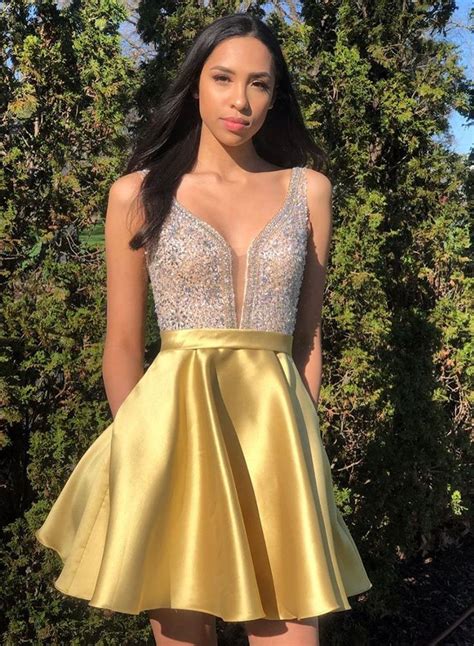 Yellow V Neck Satin Short Prom Dress Homecoming Dress Trendty