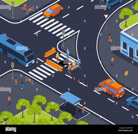 Isometric Traffic Road Barriers Composition Of City Road Intersection