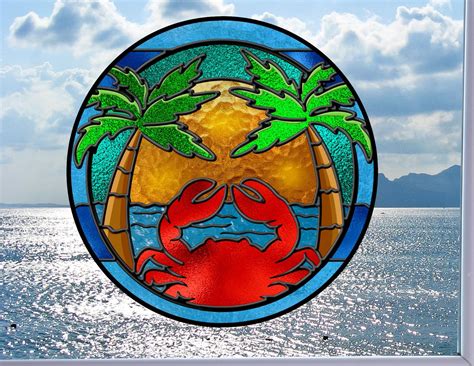 Ocean Crab Window Cling Faux Stained Glass Palm Trees Sun Size 8 Round Thick Glassy Deluxe Vinyl