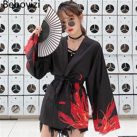 Bebovizi estilo japonês flamejante phenix impressão cardigan quimono