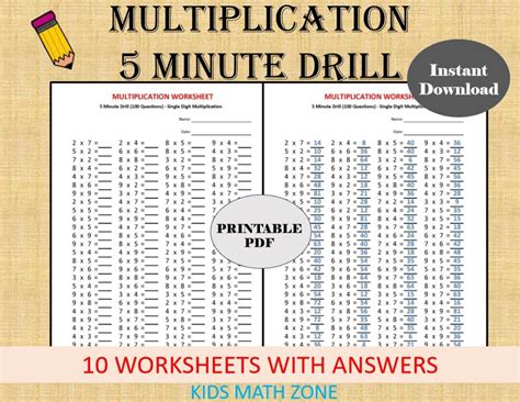 Multiplication 5 Minute Drill worksheets With Answers/pdf/ Year 2,3,4/ Grade 2,3,4/printable ...