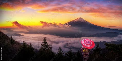 Asian Women Wearing Traditional Japanese Kimono In Beautiful View Of