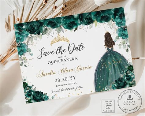 Emerald Green Floral Quinceañera Save the Date Card INSTANT DOWNLOAD