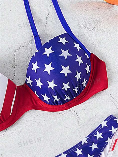 SHEIN Swim Vcay American Flag Print Summer Beach Bra Bikini Bottom