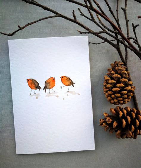 Pack Hand Painted Watercolour Christmas Cards Trio Of Robins