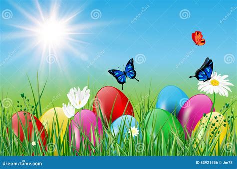 Spring Motive With Easter Eggs Grass And Butterflies Stock Vector