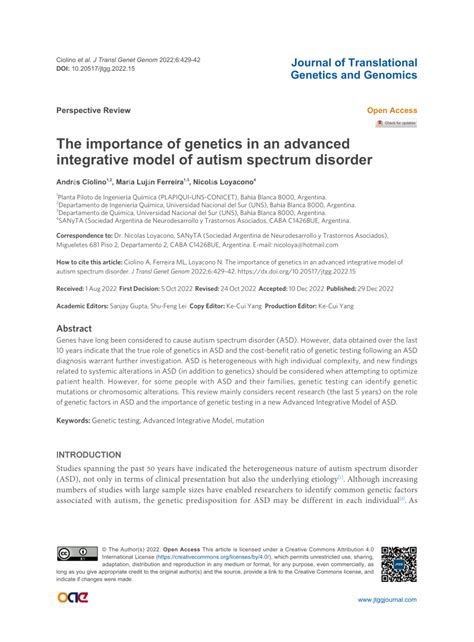 Pdf The Importance Of Genetics In An Advanced Integrative Model Of Autism Spectrum Disorder