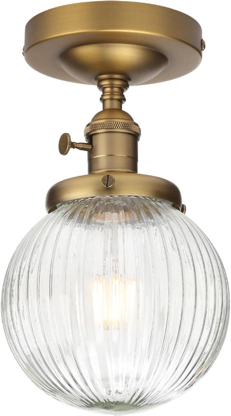 Antique Brass American Diner Pendant Ceiling Light With Clear Ribbed Glass Shade Boston Plab