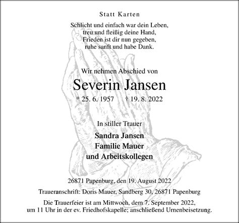 Traueranzeigen Von Severin Jansen Noz Trauerportal