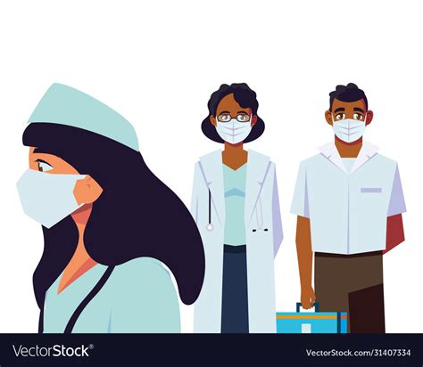 Female And Male Doctors With Uniforms Masks Vector Image