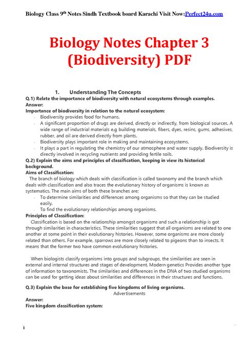 Solution Biology Notes Chapter Biodiversity Pdf Sindh Textbook Board