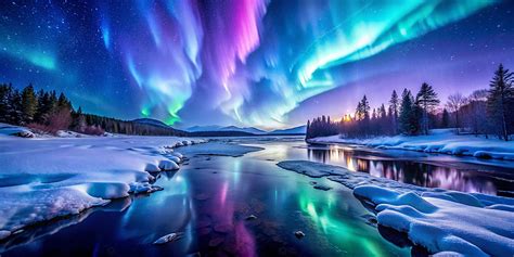 Aurora Borealis Reflecting In Frozen River At Night Background