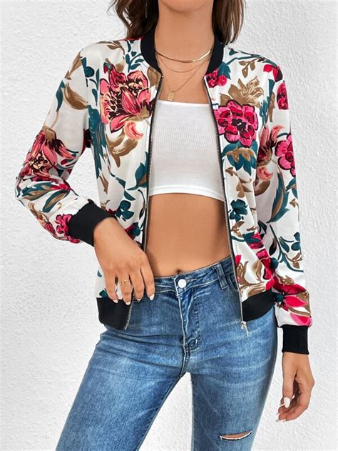 Shein Tall Floral Print Zip Up Bomber Jacket Shein Usa