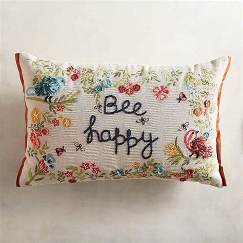 Pier Imports Embroidered Bee Happy Lumbar Pillow Throw Pillows