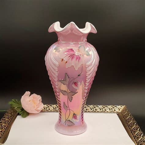 Fenton Museum Collection Pink Opalescent Vase Feather Pulled Persian Silk Tree Flower Rare Etsy