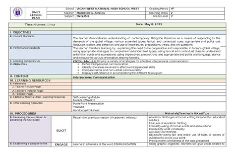 Daily Lesson Plan Grade 7 Daily Lesson Plan School Vigan West