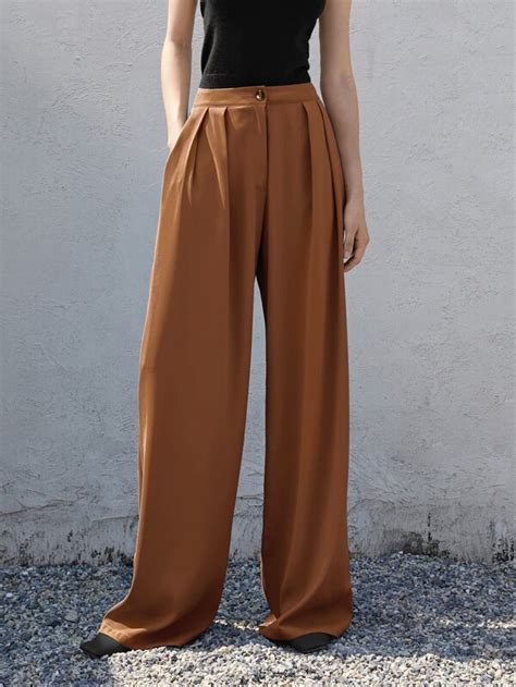 High Waist Plicated Detail Wide Leg Pants Shein